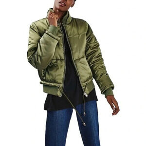 Satin Olive bomber military greenpuffer outdoor  zip up outerwear jacket sz 12